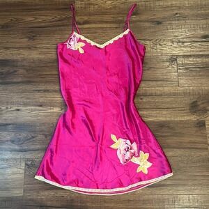 Julianne Rae 100% Silk Fuscia Pink Sleeveless Satin‎ Slip Dress Floral Appliqué